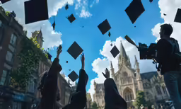 a group of people tossing their graduation caps in the air
