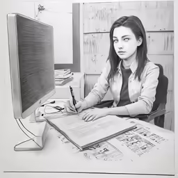 a young woman writing on a desk surrounded by paperwork