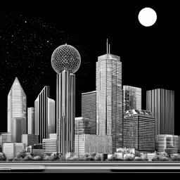a painting of a city at night with the moon and buildings lit up