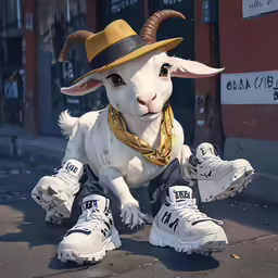 a very cute goat in some kind of costume