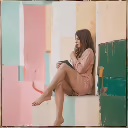 woman sitting on an art collage with her legs crossed