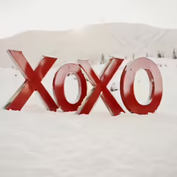 a close up of a red word on top of snow