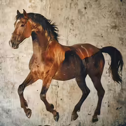 an oil painting of a horse running in the snow