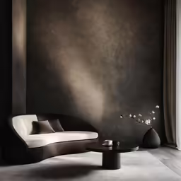 a black and white living room with the sun shining down