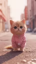 an orange cat wearing a pink sweater looks out over the edge