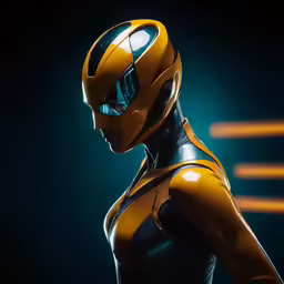 a woman with yellow skin and black and white body suit