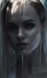 a woman is standing with water dripping from her ears