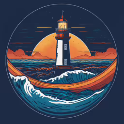 the lighthouse on an orange sky over a body of water,a lighthouse on top of the ocean