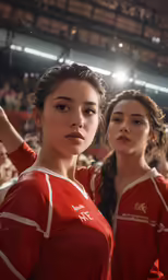 two girls in red cheerleader outfits stand for a group photo