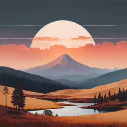 a landscape with a mountain, river, and pine trees,a mountain range and stream are shown at sunrise