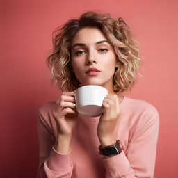 a young blonde woman holding a white cup of coffee