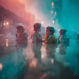 a group of children sitting in the rain on their own back