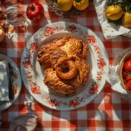 various foods sitting on a table with oranges and tomatoes