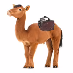 an adorable camel is holding a small camera