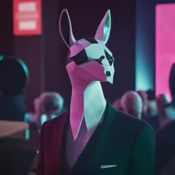 an animal in a suit and some people