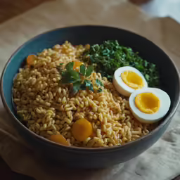 some rice with eggs on top in a bowl