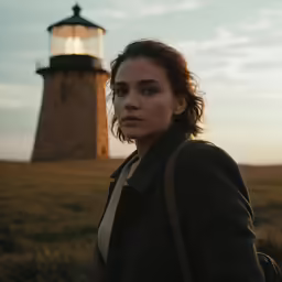 a young woman stands in front of the lighthouse