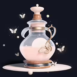 a pretty pink glass bottle with butterflies flying around it