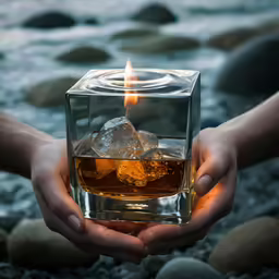 a hand holding a glass with a lit candle on it