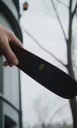 a person holding a black skate board under a tree