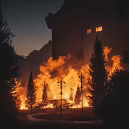 a large building that is on fire with a sky background