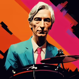 a man with grey hair and pink tie is playing the drums