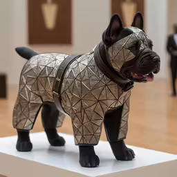 a statue of a bull dog wearing a leather collar