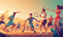 people in bright shirts playing tennis outside