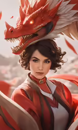 a woman with a dragon head and a bird like design