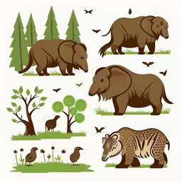 various types of animals on the same surface,several species of animals including hippopotamus, bear, hippo and deer,various animals and plants are shown with green trees,various animals are shown on a white background,illustration with different animals including some wild and tree