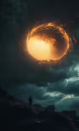 the silhouette of a person standing in front of an orange burst in the dark