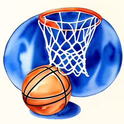 a basket on a plate next to a basketball,a drawing of two basketballs in the hoop