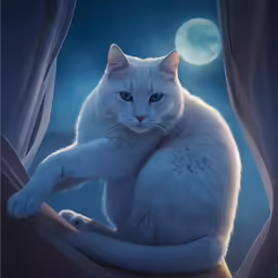 white cat standing on limb by curtain in front of full moon