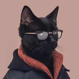 the black cat has glasses on and is wearing a coat