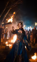 a lady dressed in blue stands near the fire pit with an arrow