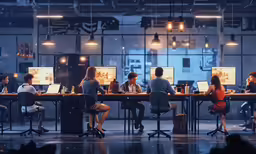 people sitting at the table with laptops