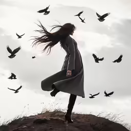 a woman in grey dress standing on top of a hill with birds flying around