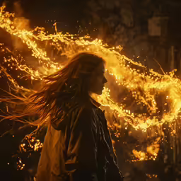 a woman standing in front of some bright flames