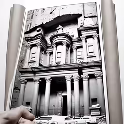 a large old building is in black and white with a person holding out their hand to take a photo
