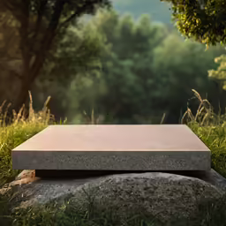 a concrete slab placed in grass near trees