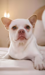 a dog laying on top of a bed