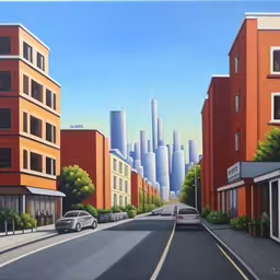 a painting of a city scene with cars driving down the street,a painting of a city street with cars driving on it,a painting of the street in front of a city with tall buildings,a painting of a street with buildings and cars on it,an oil painting of a street and buildings in the background