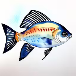 a drawing of a colorful fish on white paper,blue and yellow fish with black sides