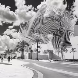 an artistic shot of people walking under clouds