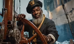 an older man working on a boat steering machine