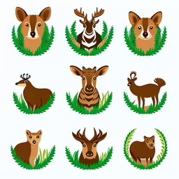 several types of animals are shown in this picture,a group of wild animals with leaves around them,the different kinds of deer in the grass,twelve different animals that are in the grass,a herd of different animals standing in the grass