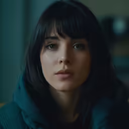 a woman with black hair is staring at the camera