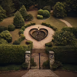 a heart shaped stone pathway with trees and a brick driveway