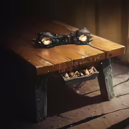 a wood table with two lamps sitting on top