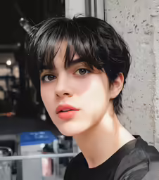 a girl with a black short and red lipstick